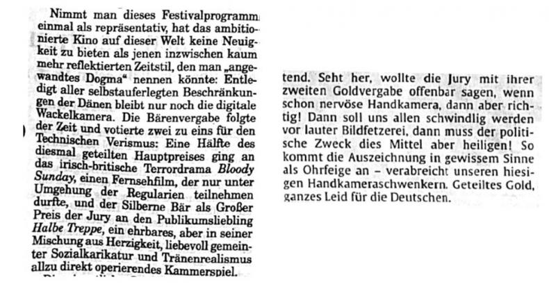 Zeitungsausschnitte aus: Kothenschulte, Daniel (2002) Die Geister sind gerufen. Frankfurter Rundschau, 18.02.2002 & Skasa-Weiß, Ruprecht (2002) Geteiltes Gold, ganzes Leid für Deutschland. Stuttgarter Zeitung, 18.02.2002.